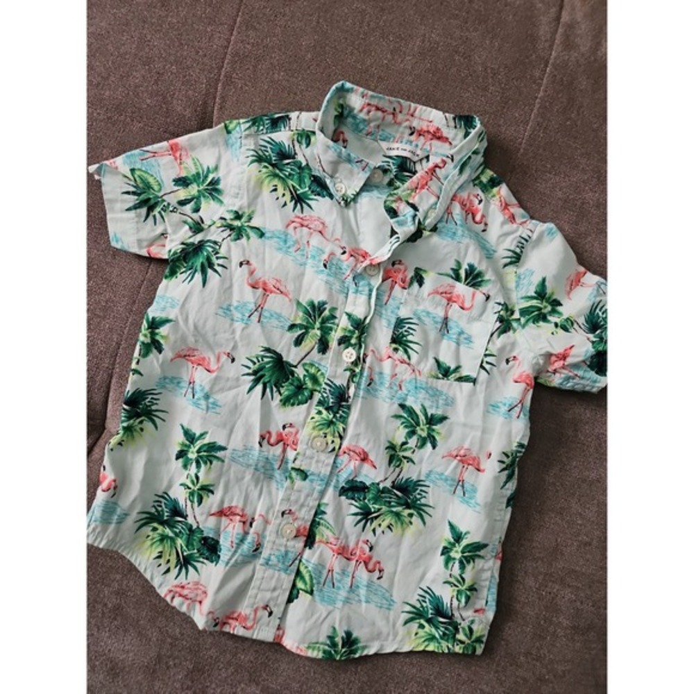 Janie and Jack Boys 2T Tropical Flamingo Palm‎ Tree Poplin Cabana Shirt